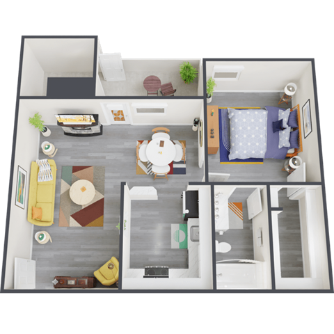 Floor plan for 1 bed, 1 bath, 652 sqft